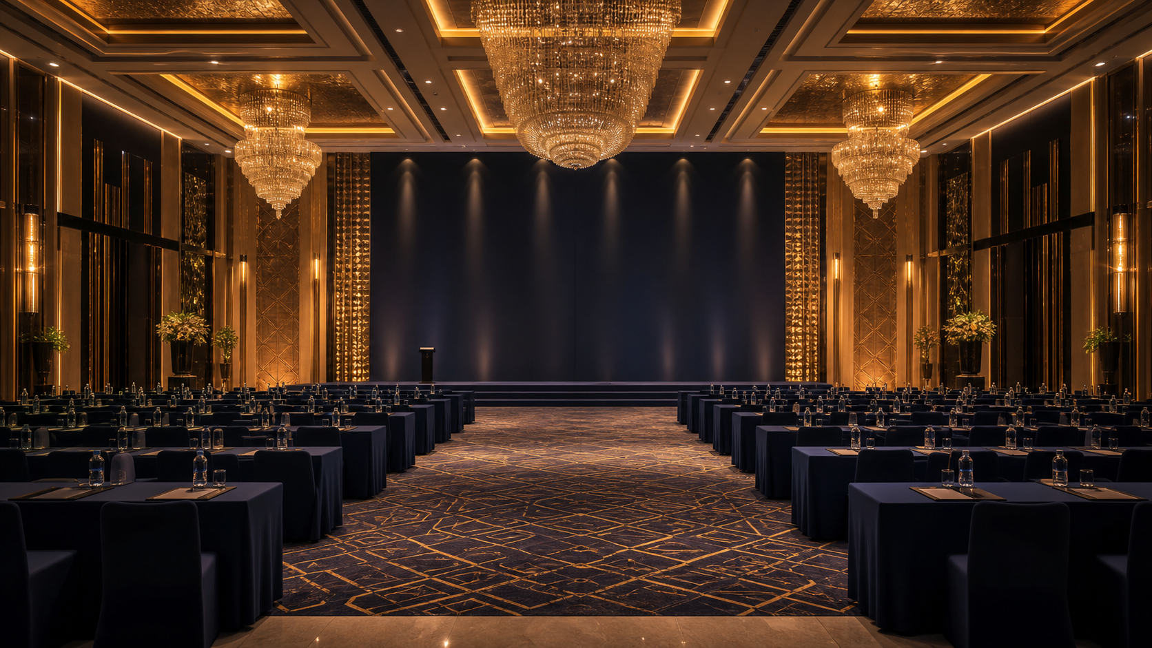 Luxury ballroom prepared for a premium business conference